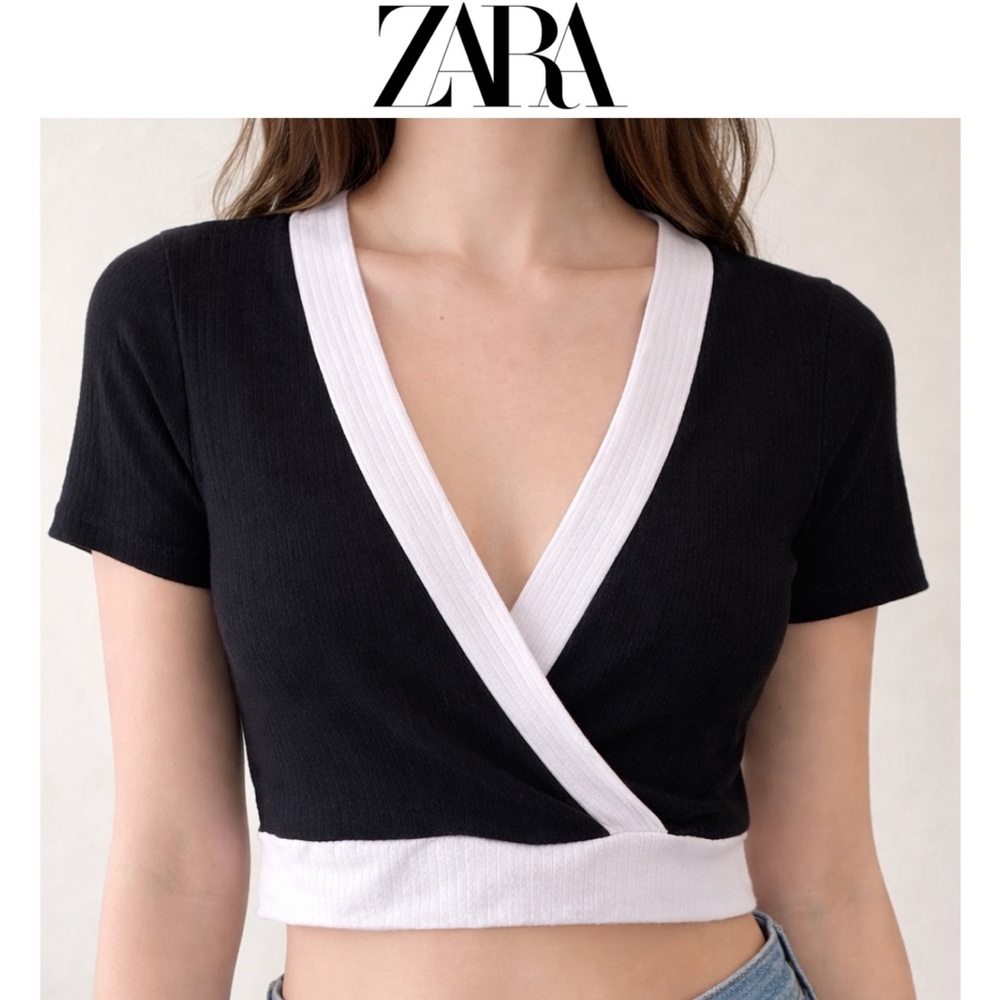 ZARA Wrap Cropped Top - Black & White - Size: Small - NWOT